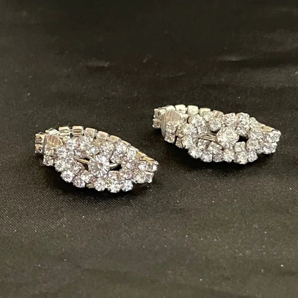 Vtg Mid-Century Clear Rhinestone Art Deco Clip Earrings Huggie Hoop Bridal Retro